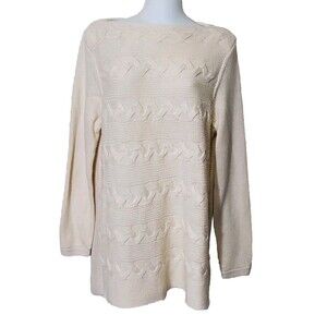 Dana Buchman Tunic Sweater Womens Large Ivory Cableknit Acrylic Boatneck